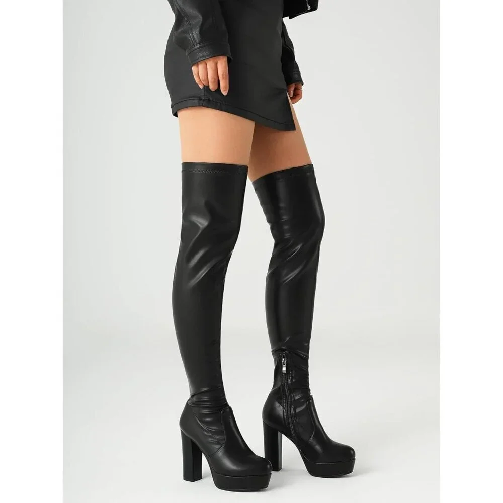 Women Black-pj-pu Synthetic Chunky Heel Side Zipper Thigh High Western Boots